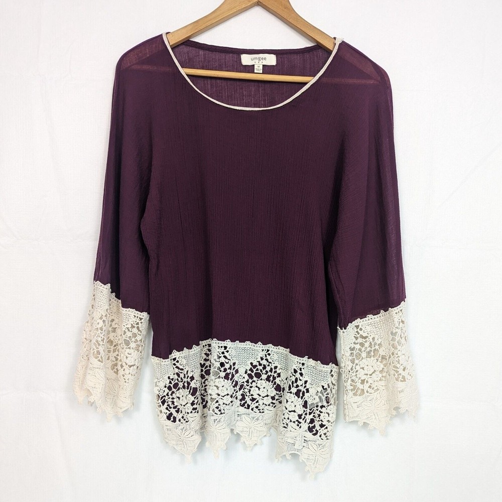 Umgee USA Womens Medium Burgundy Wine Cream Ivory Lace Romantic Boho Tunic Top
